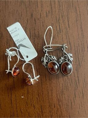 Sterling Silver Amber Drop Earrings - Brown Amber